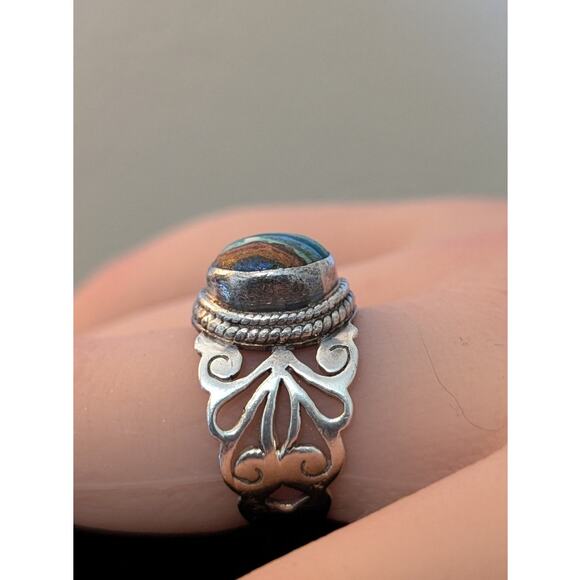 925 Sterling Filigree Rainbow Calsilica Stone Ring Size 6.25 - Picture 2 of 10